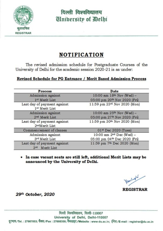 Revised Admission schedule for pg in DU
