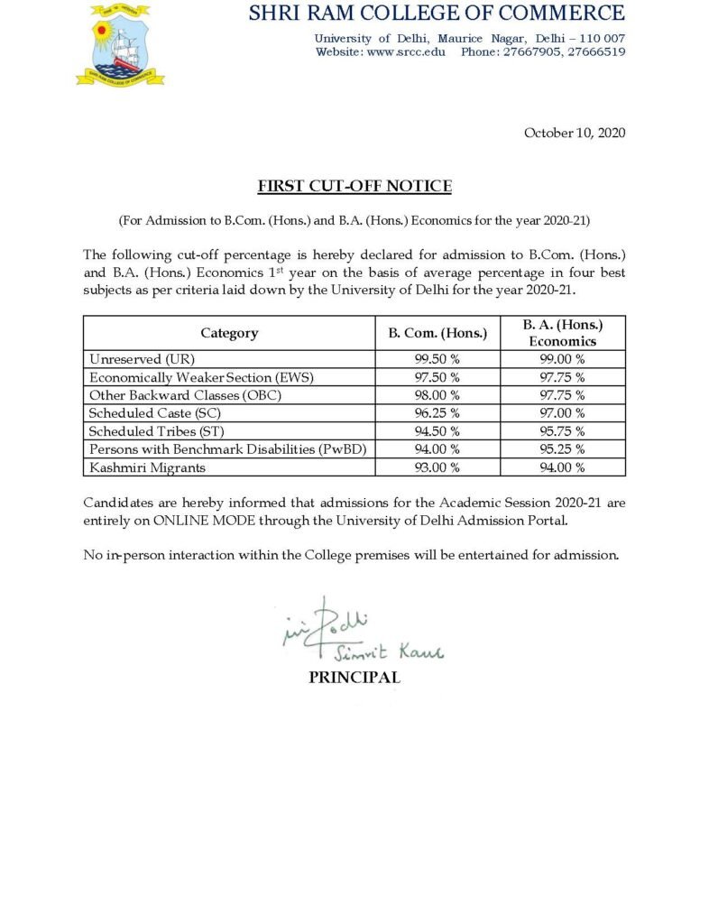 SRCC First Cut Off list 2020 for Merit Based Admission 2020