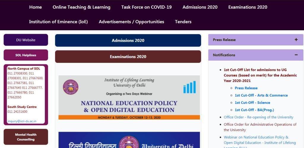 DU WEBISTE FOR FIRST CUT OFF LIST ADMISSION 2020