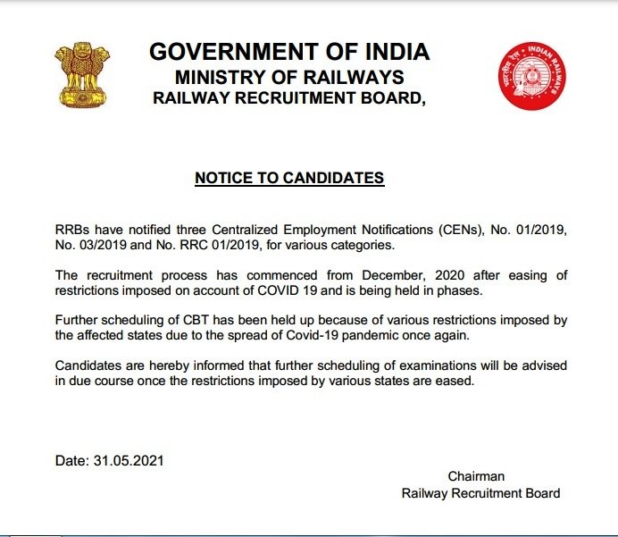 CEN No.01/2019, No.03/2019 and No.RRC-01/2019 - Notice to candidates