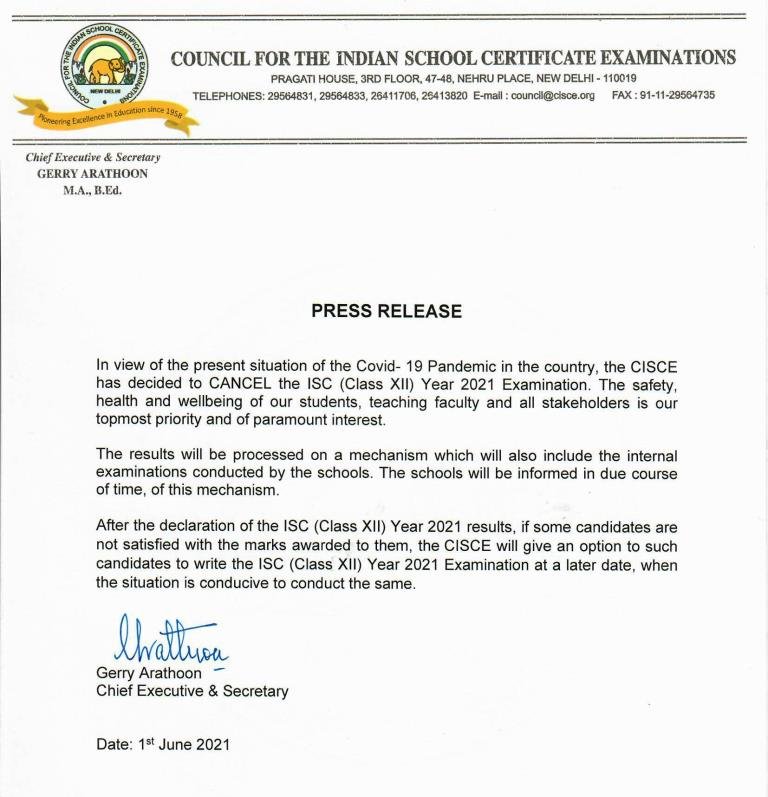 ISC Press Release EXAM Cancellation 2021 