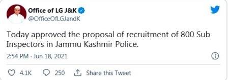 Jammu and Kashmir L.G Manoj Sinha (Lt. Governor) has announced JK Police SI Recruitment 2021