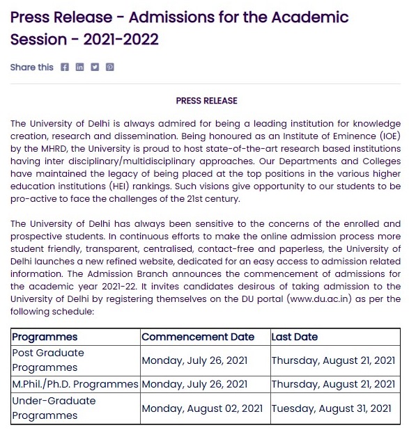 DU Admission Press Release, DU Admission Schedule 2021