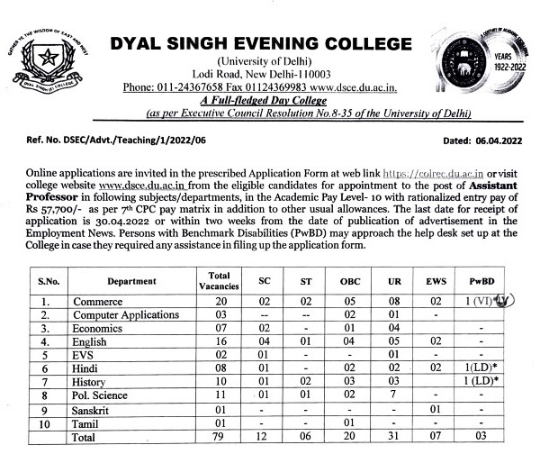 Dyal Singh Evening College Assistant Professor Recruitment 2022