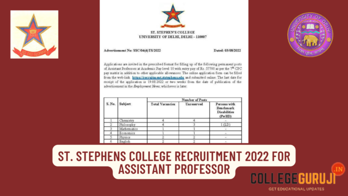 St. Stephens College Recruitment 2022 for assistant professor, apply online