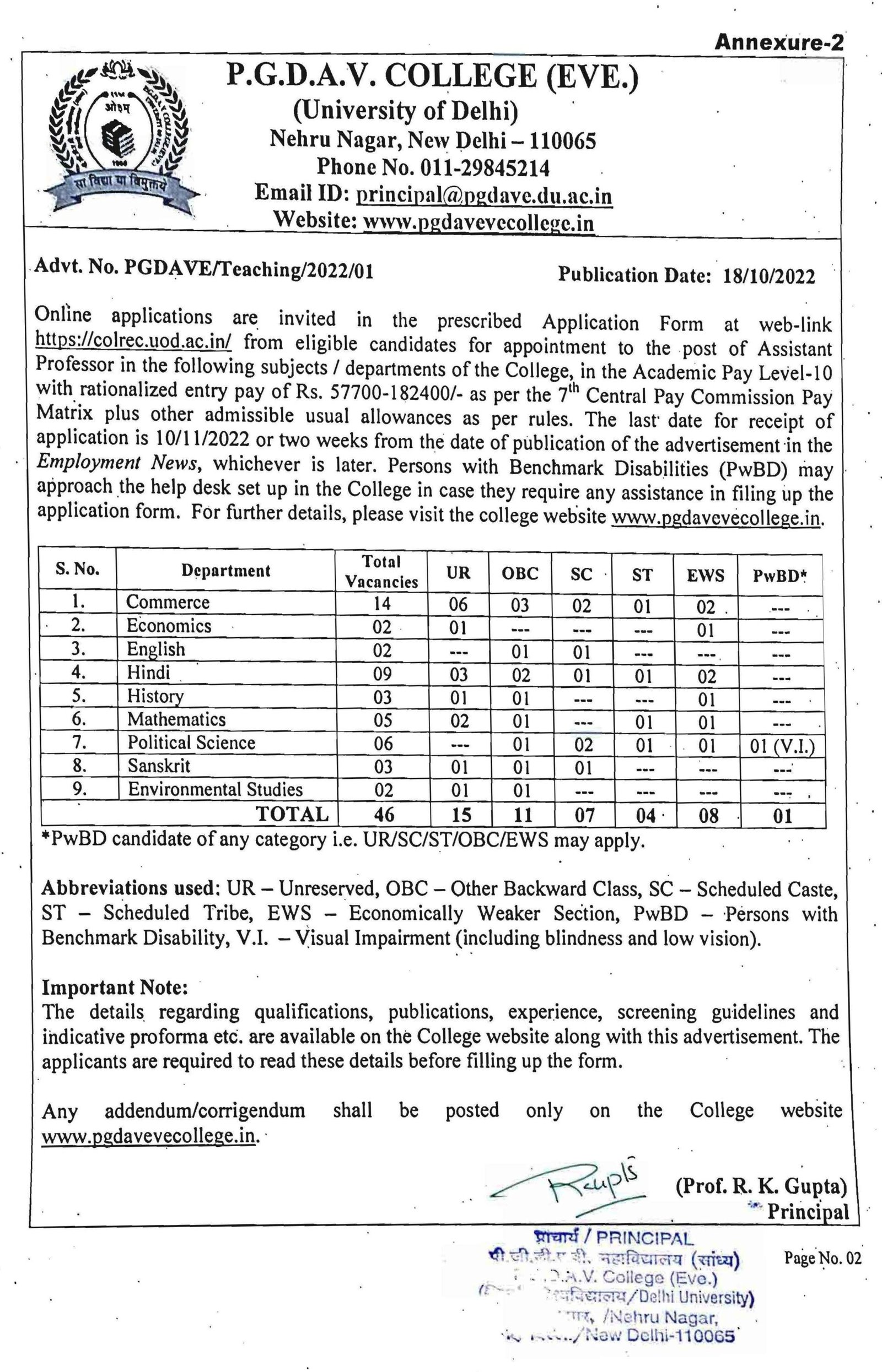 PGDAV Evening College Recruitment 2022 For Assistant Professor, Apply ...